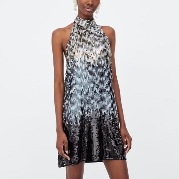 NWT Zara Knit Ombre Sequin Halter Dress size M - Picture 3 of 14